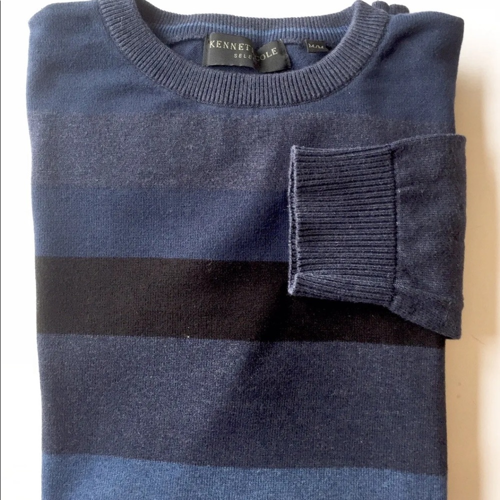 Kenneth Cole Men Crew Neck Sweater Blue Stripe Medium Cotton
